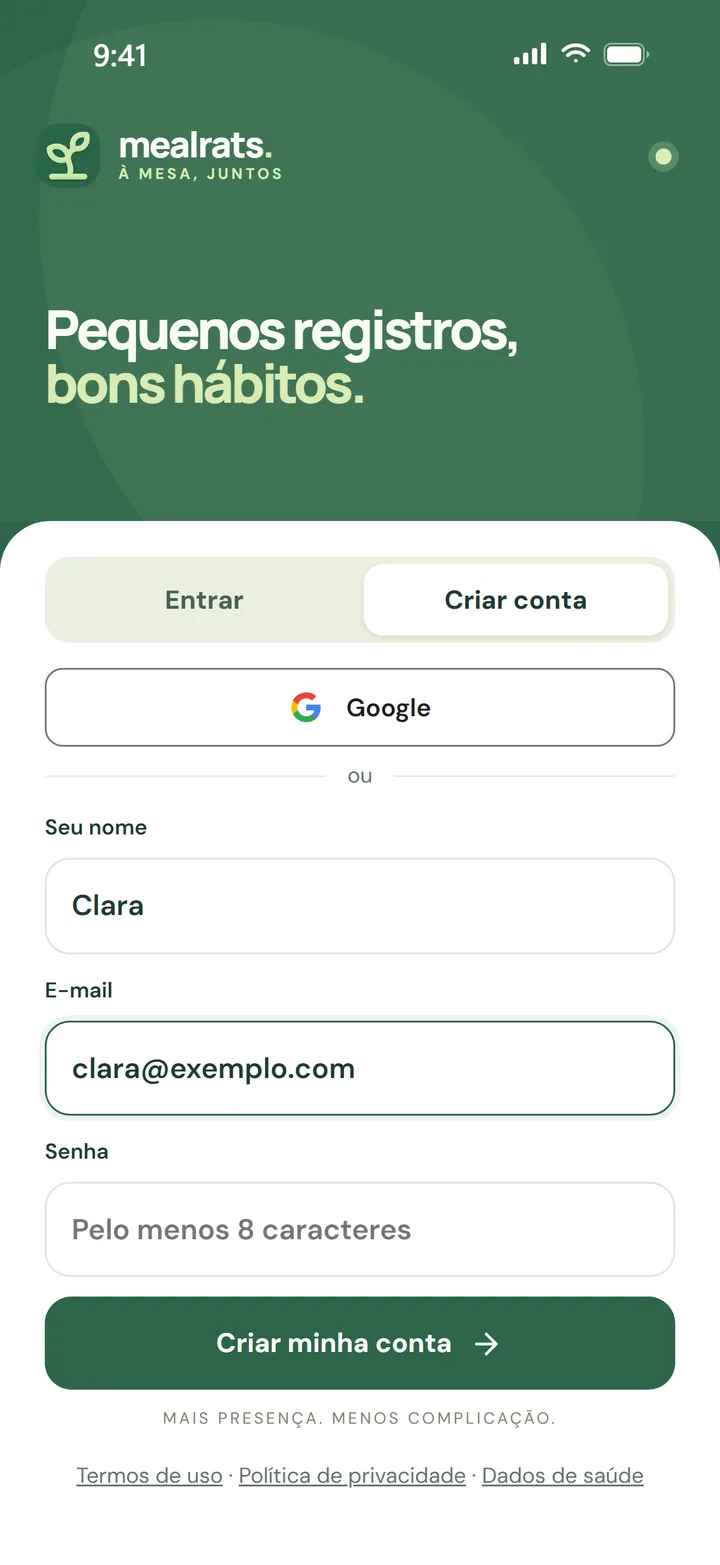 Tela de criar conta do MealRats, com os campos Seu nome, E-mail e Senha e o botão Criar minha conta.